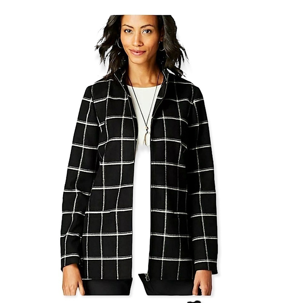 J. Jill Black Cream Windowpane Print Fill Zip Front Jacket Lined Size Large